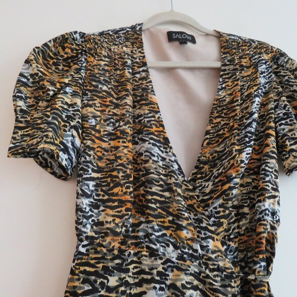SALONI Lea 100% Silk Crepe Mini Wrap Dress in Ink Tiger Print - Size US 4 - Picture 7 of 16